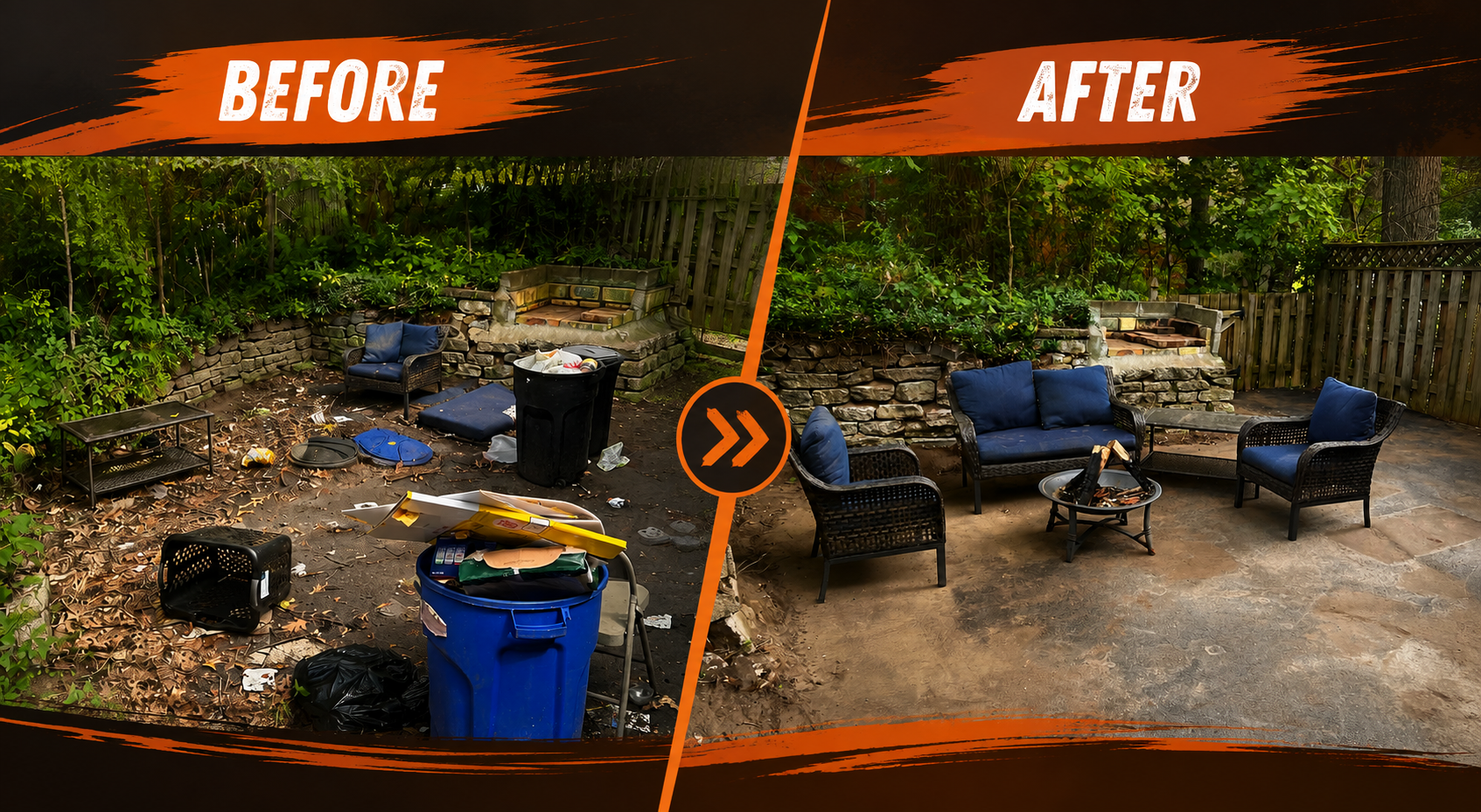 Backyard patio before and after cleanout